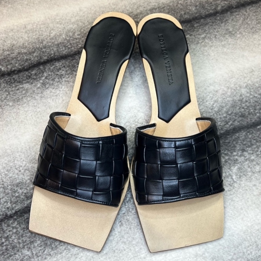 Bottega Veneta Intrecciato Square Toe Heeled Sandals Black Leather